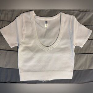Brand New Zenana Outfitters White V Neck Ribbed Crop Top